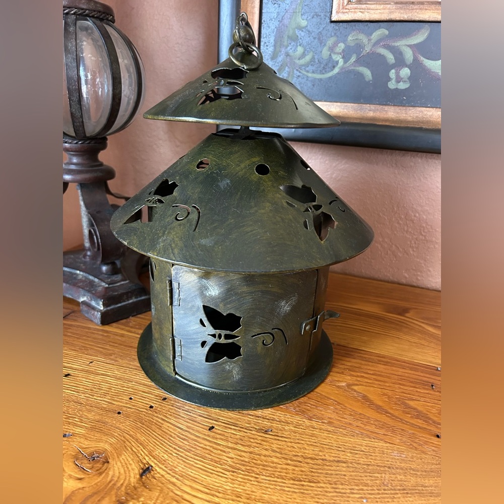 Pierced rustic metal butterfly Hanging Lantern or Table Top Candle Holder